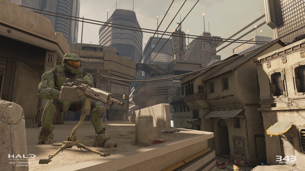 Halo 2 Anniversary Campaign - In-game screenshot from Halo 2 Anniversary Campaign. The Master Chief is wielding a turret.