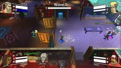 In-game screenshot of Sara, one of the playable characters, completing an objective by escorting hostages.