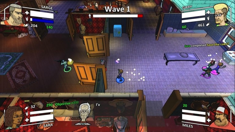 In-game screenshot of Sara, one of the playable characters, completing an objective by escorting hostages.