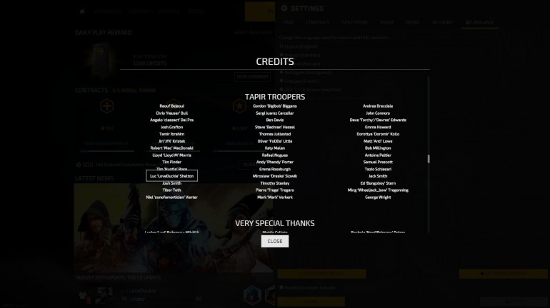 The credits screen for Dirty Bomb. Displaying my attribution as "Luc 'LoveDuckie' Shelton" under "Tapir Troopers".
