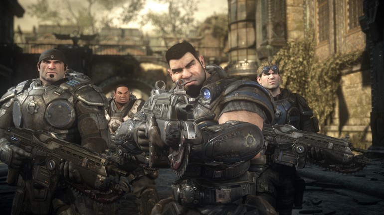 An in-game screenshot of Marcus, Cole, Dom, and Baird at the end of one of the chapters.