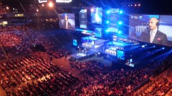 ESL One Cologne 2015 at LANXESS Arena - LANXESS Arena from the VIP seating area. The caster Json "moses" O'Toole presenting in front of the stadium audience before the next game.
